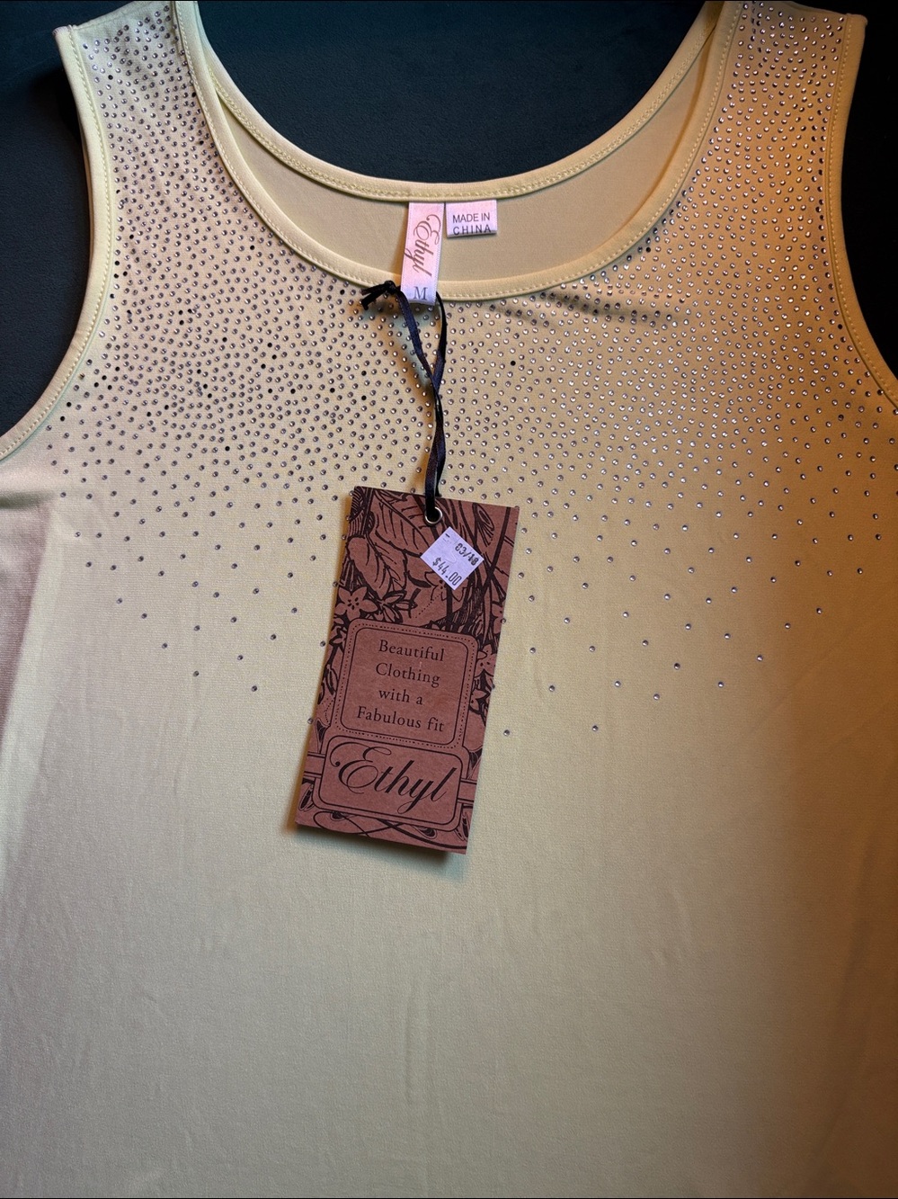 Embellished Pale Yellow Tank Top with Rhinestone Detail